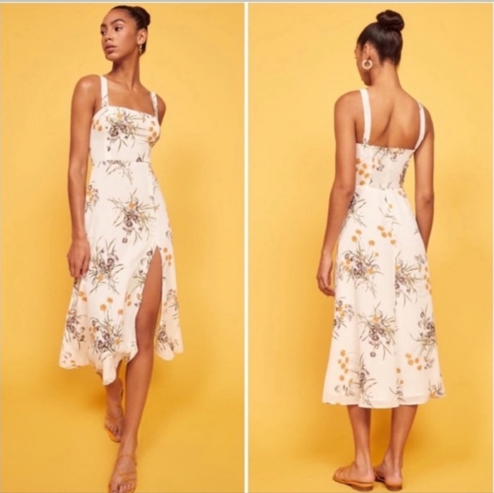 NWT Reformation Floral Nectarine Midi Dress Slit Smocked Coquette Cottagecore 12